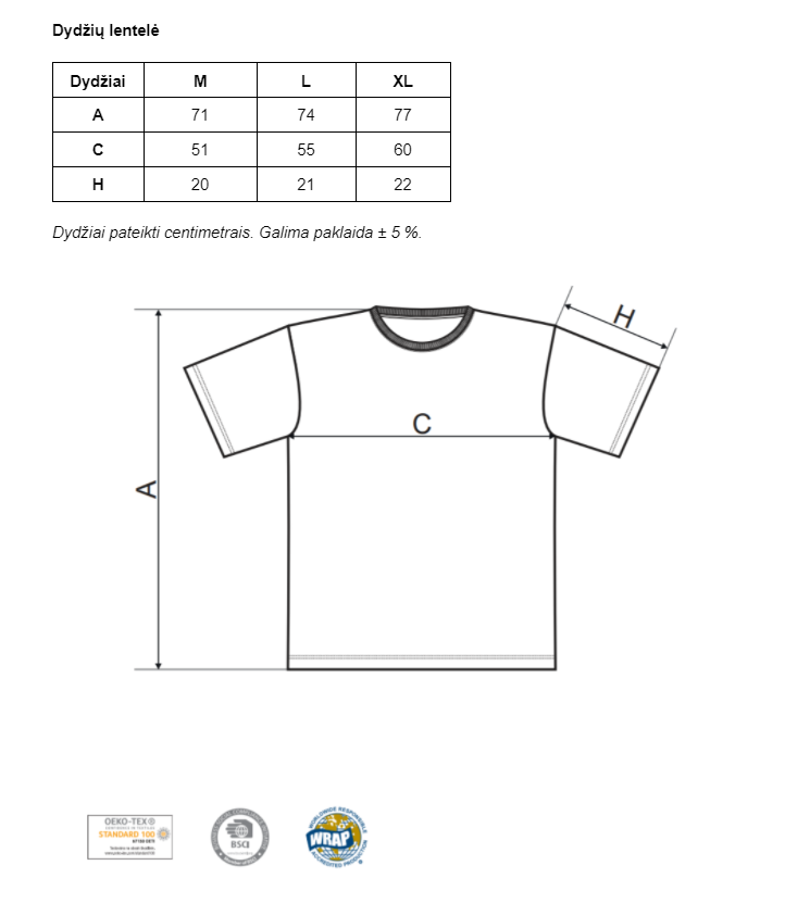 Vyriškų marškinėlių dydžių lentelė