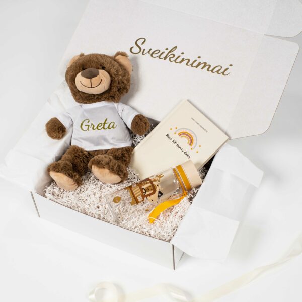 Laimingo vaiko dovanų dėžutė su meškiuku - tai personalizuota dovana vaikui
