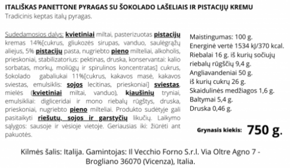 Panettone pyragas GranDucale su pistacijomis, 750 g sudėtis