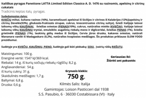 Panettone pyragas Loison Classico skardinėje dėžutėje, 750 g sudėtis