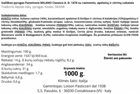 Panettone pyragas Loison Milano dėžutėje, 1000 g sudėtis