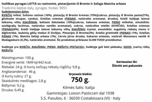 Panettone pyragas Loison Pistacchio matcha skardinėje dėžutėje, 750 g sudėtis