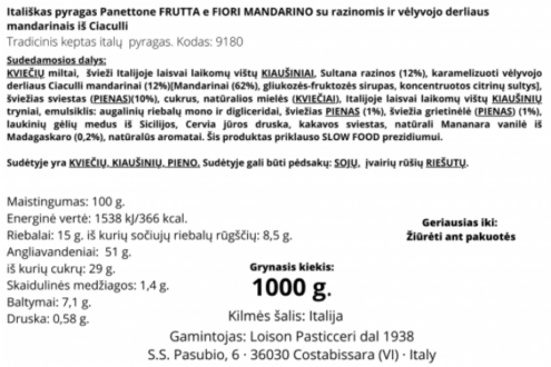 Panettone pyragas Loison su mandarinais, 1000 g sudėtis