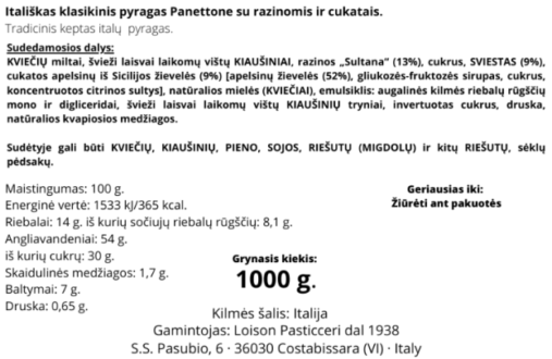 Panettone pyragas Loison su razinomis ir cukatais, 1000 g sudėtis