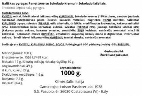Panettone pyragas Loison su rinktiniu šokoladu, 1000 g sudėtis