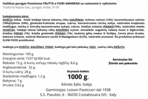 Panettone pyragas Loison su vyšniomis, 1000 g sudėtis