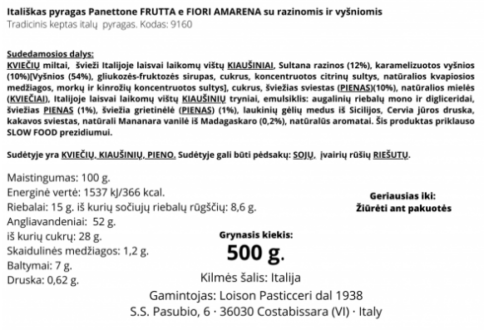 Panettone pyragas Loison su vyšniomis, 500 g sudėtis
